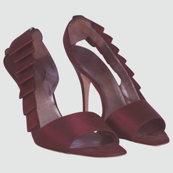Salvatore Ferragamo High Heel Sandals Side Ruffle Slingback Red Satin - Picture 3 of 5